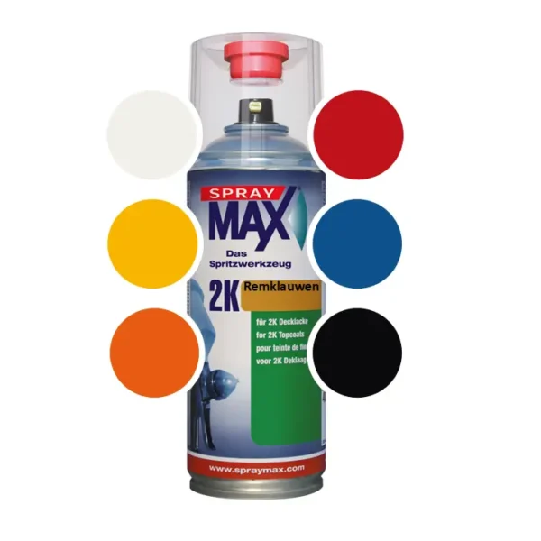2k remklauwen verf in spuitbus rood, geel, blauw, zwart, oranje en zilver
